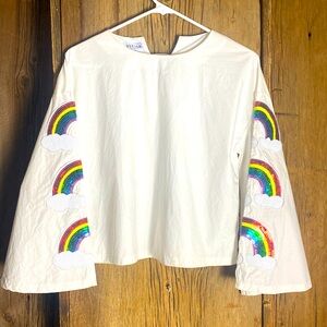 Ziztar White Crop Top with Colorful Sequin Rainbow/clouds on Sleeves.